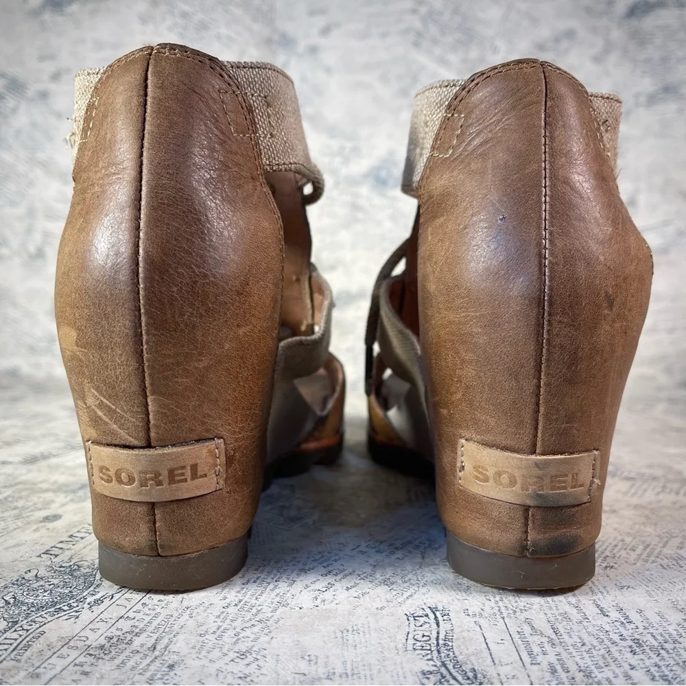 SOREL Joanie Lace Up Wedge Sandals Leather Canvas Comfort Shoes